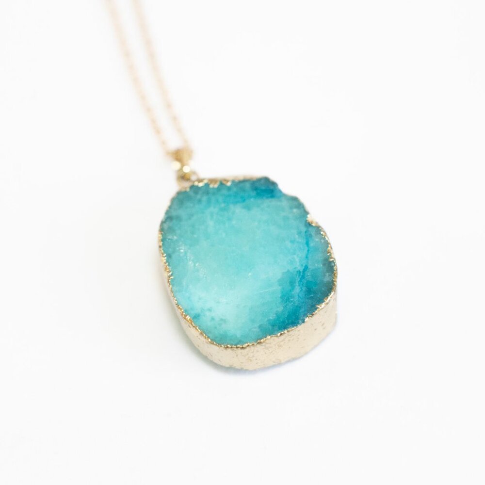 LEILA Blue Druzy Pendant Necklace 24K Gold Bonded Long Chain Boho Layering